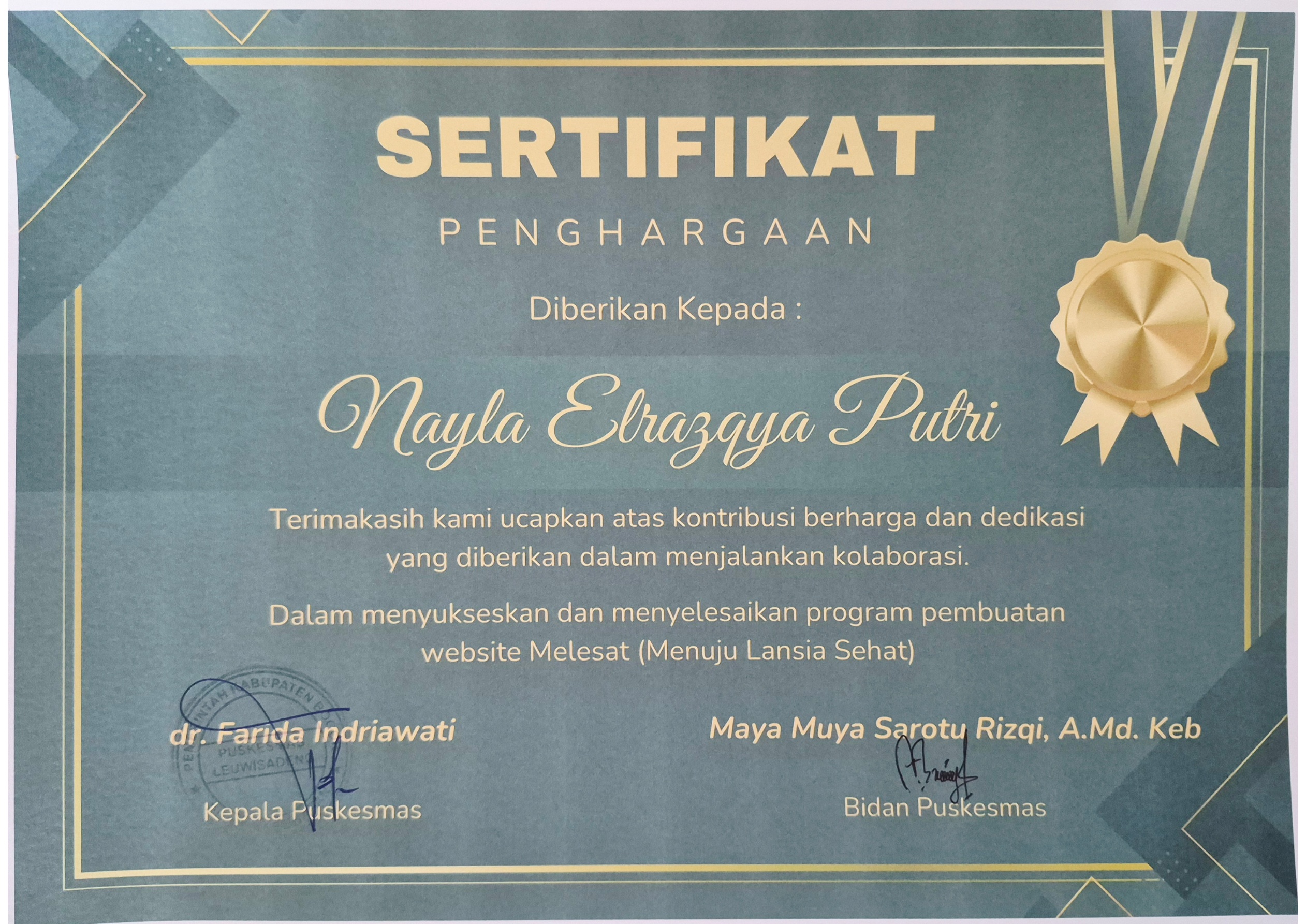 Sertifikat Penghargaan untuk Nayla Elrazqya Putri dari Puskesmas Leuwisadeng